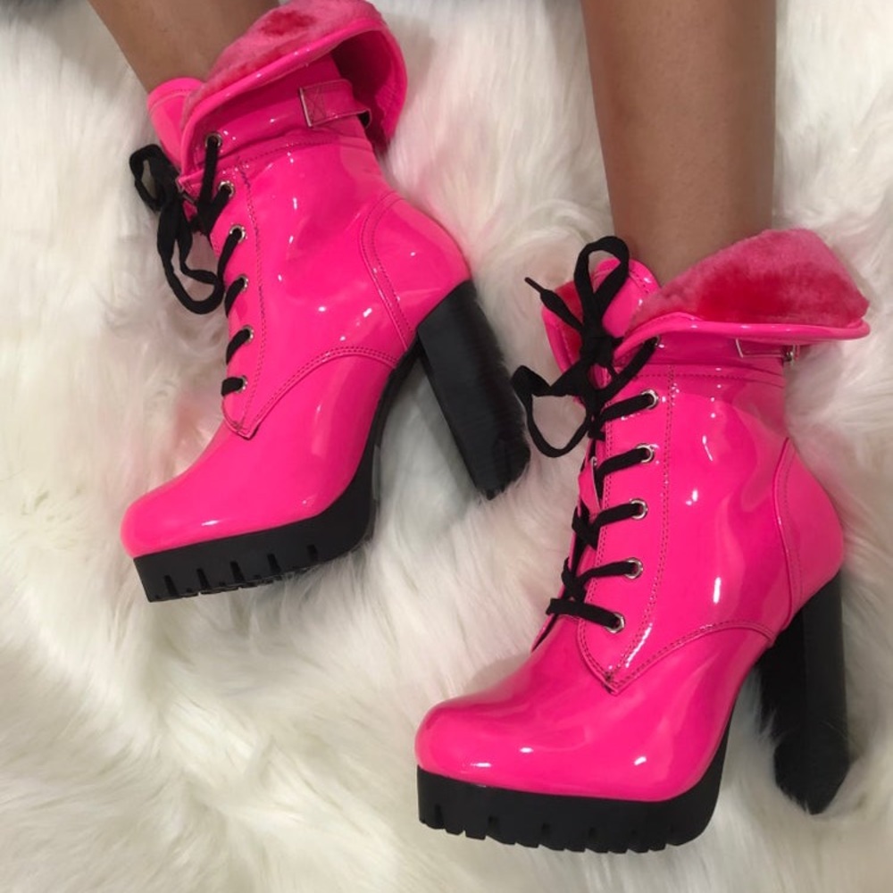 Neon Hot Pink Combat Booties - Picture 2 of 6